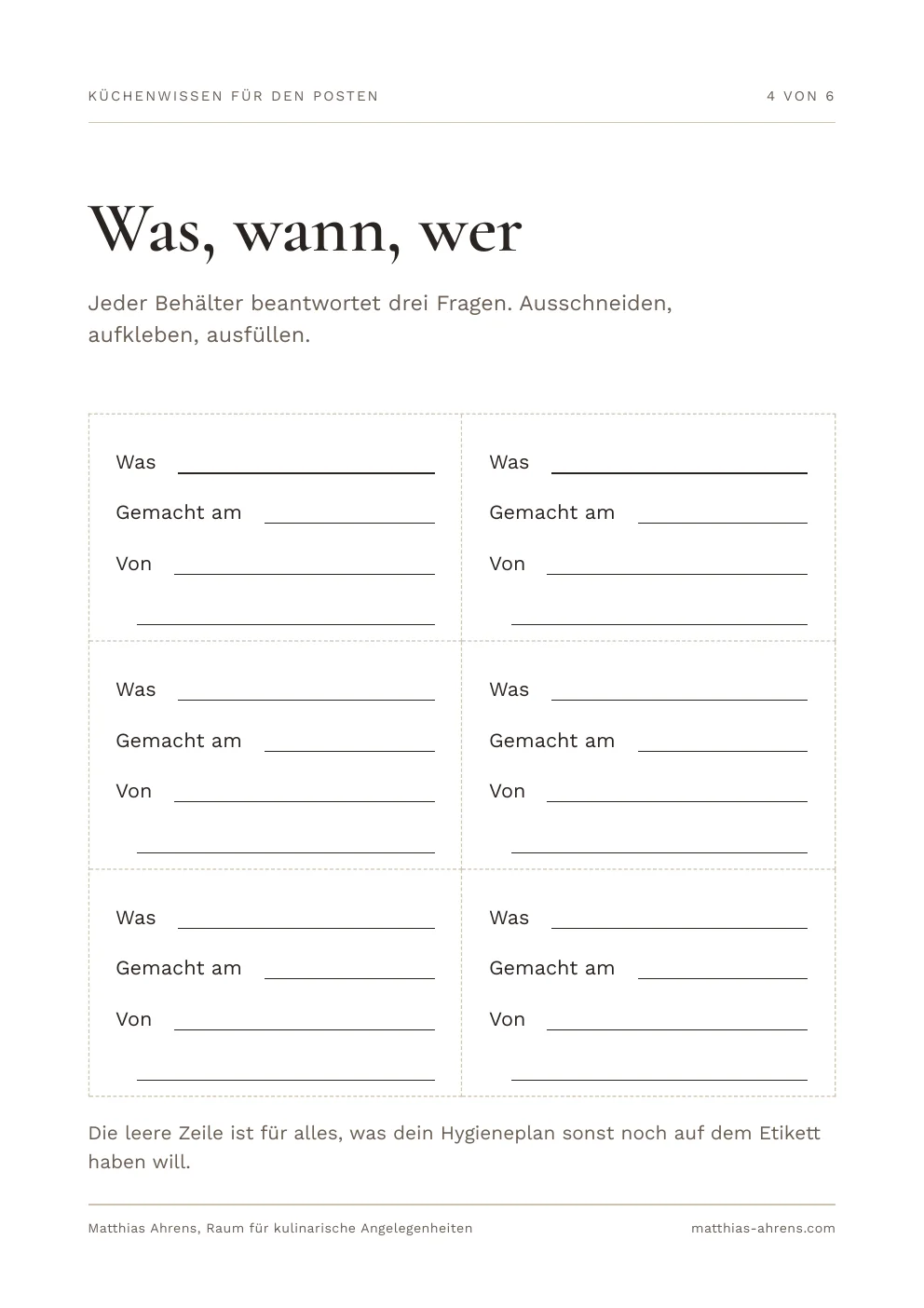 Arbeitsblatt mit sechs ausschneidbaren Feldern für Inhalt, Herstellungszeit und verantwortliche Person