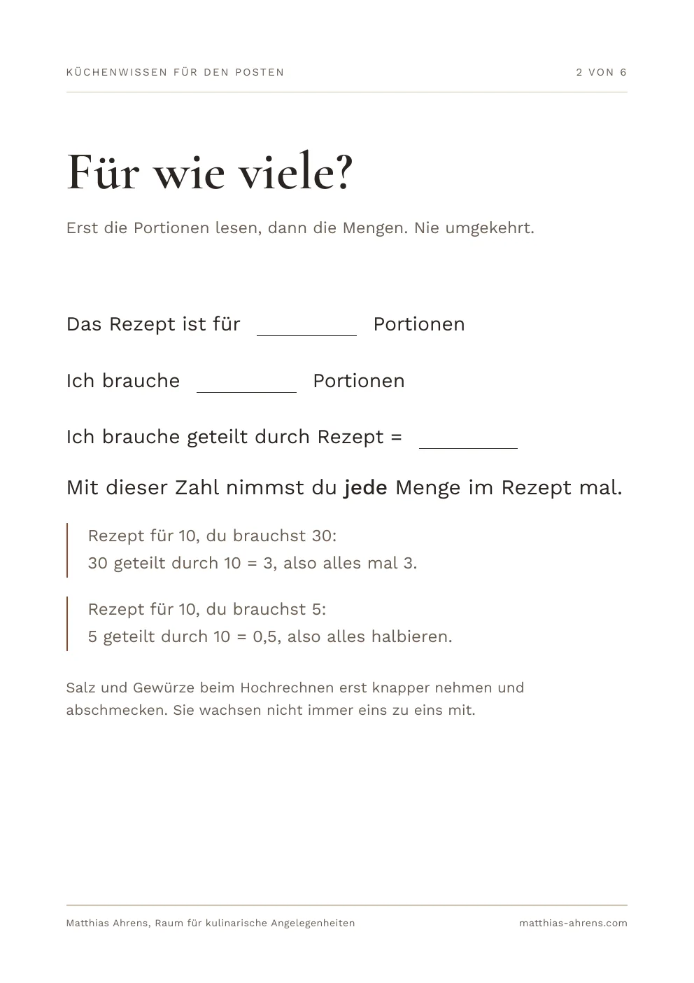 Arbeitsblatt zur Berechnung von Rezeptmengen für eine veränderte Zahl von Portionen