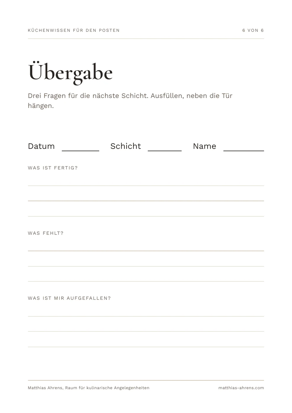 Arbeitsblatt für die Übergabe mit Feldern für Fertiges, Fehlendes und Auffälligkeiten